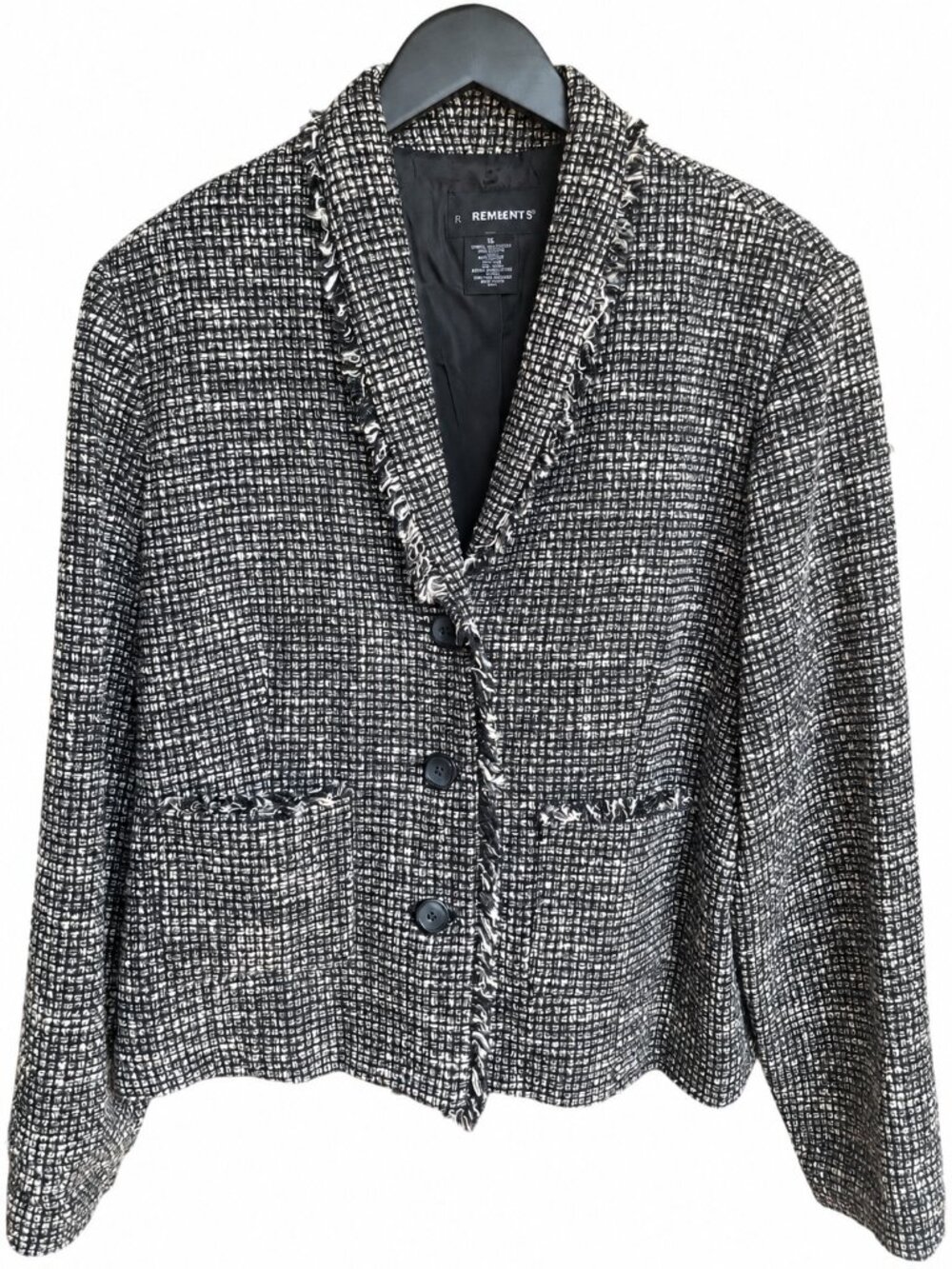 Requirements Sz 16 Black White Tweed Blazer Fringe Trim Preppy Jacket